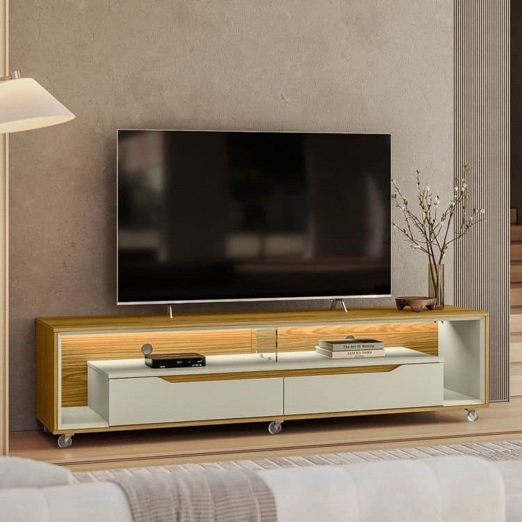 Rack Contemporâneo para TV até 65 Polegadas com LED MDF 175cm Rodízios Loop Cedro/Off White Freijó/Off White