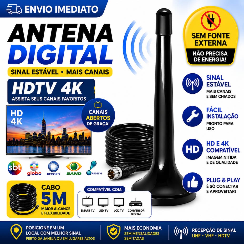KIT3 Antena TV Digital HDTV 4K 4dBi Potente | UHF VHF FM Fácil Instalar | Interna Externa Alcance Amplo Base Magnética