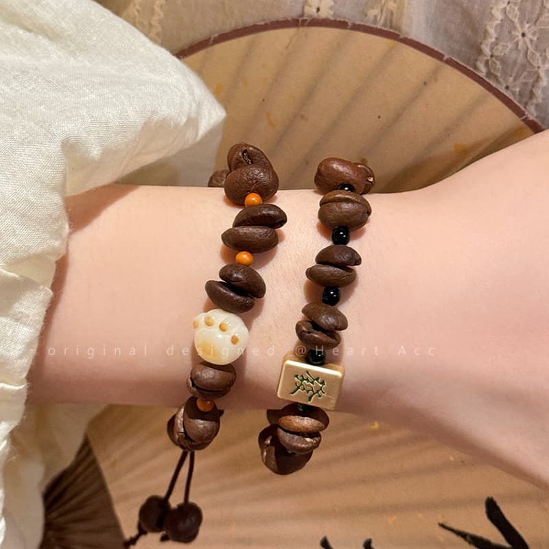 Pulseira Artesanal de Grãos de Café para Mulheres, Design de Cachorrinho Fofo em Estilo Cartoon, Empilhável, Simples, Ún
