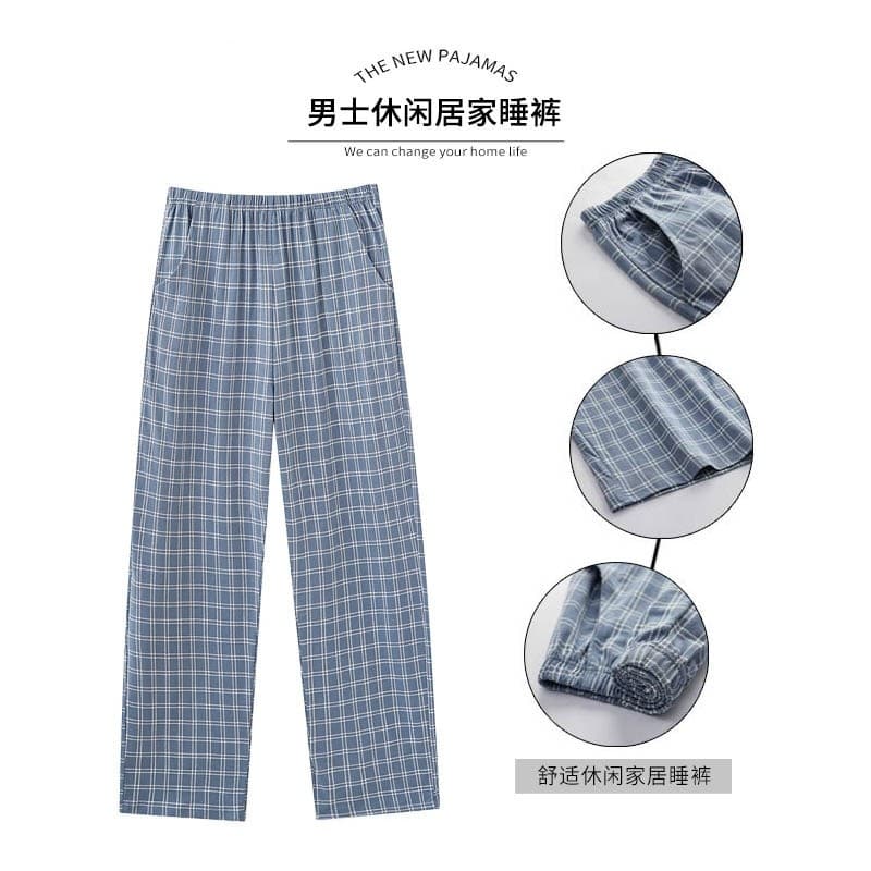 Langsha calças de pijama de algodão puro calças masculinas verão algodão xadrez casa calças masculinas soltas tamanho gr