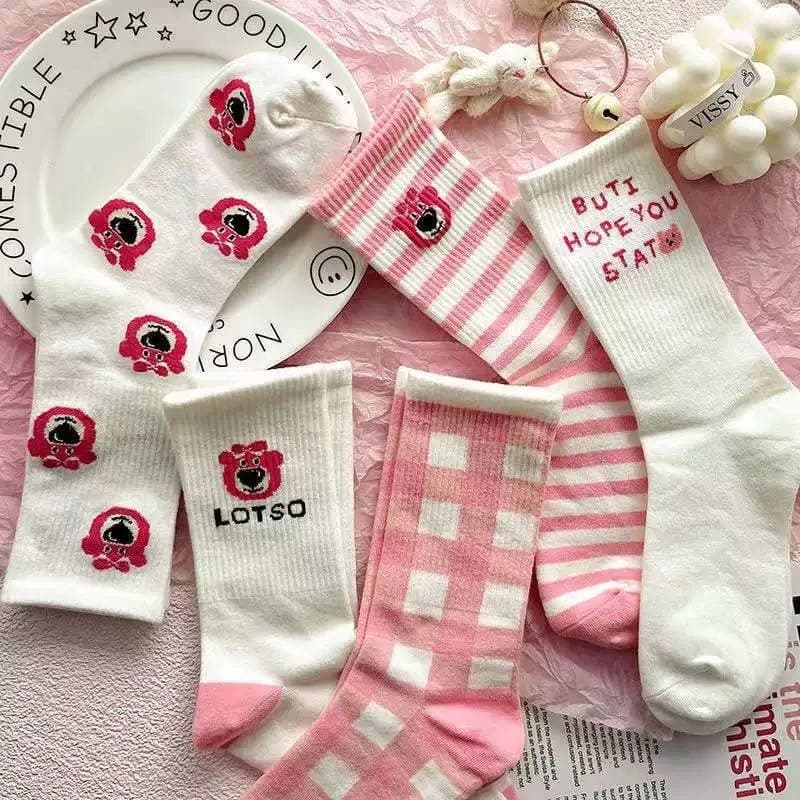 < Rosa até temperamento urso de morango frito} meias rosa femininas algodão puro doce estilo Preppy influenciador meias