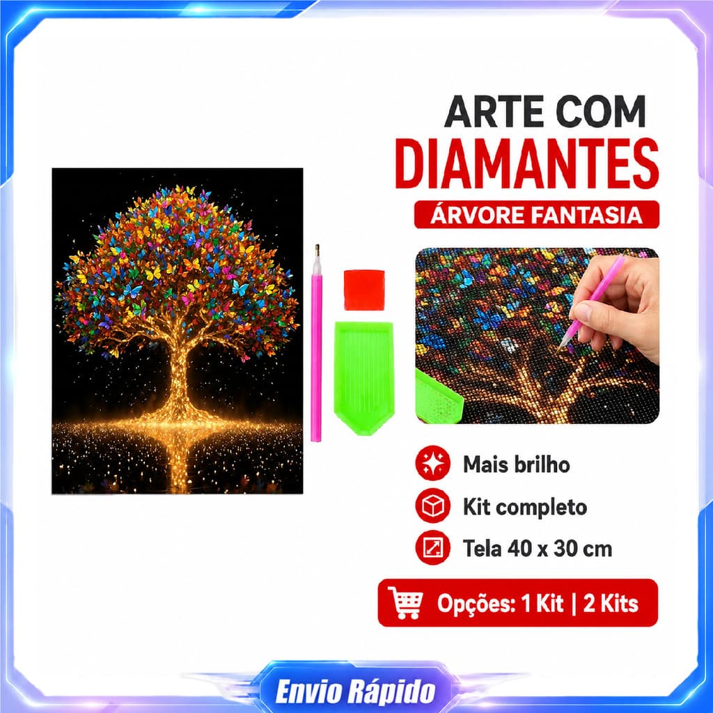 Kit pintura de diamante quadrado Árvore Borboleta Colorida DIY 40x30cm com tela caneta bandeja e argila inclusos