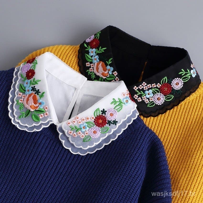 Gola Falsa Feminina Removível Estilo Coreano Bordada com Strass e Renda De Chiffon Para Camisa Look Vintage