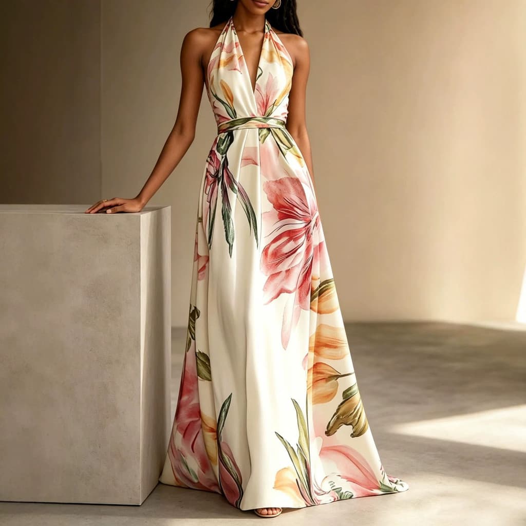 Vestido longo estampado de verão 2026, estilo europeu e americano, com decote halter, costas abertas, estilo resort, ele