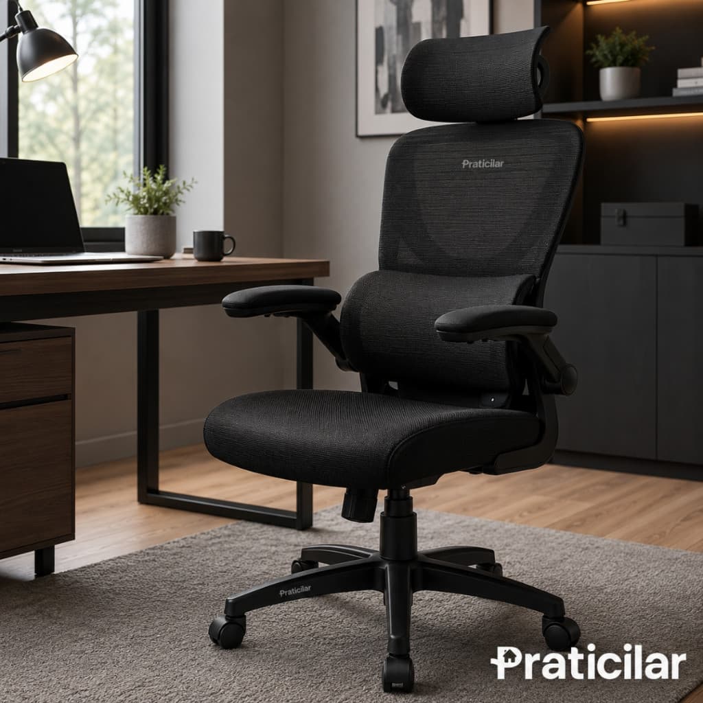 Cadeira Escritório Ergonômica Presidente P500 Preto Com Suporte Lombar Encosto Cabeça Estofado Mesh Praticilar