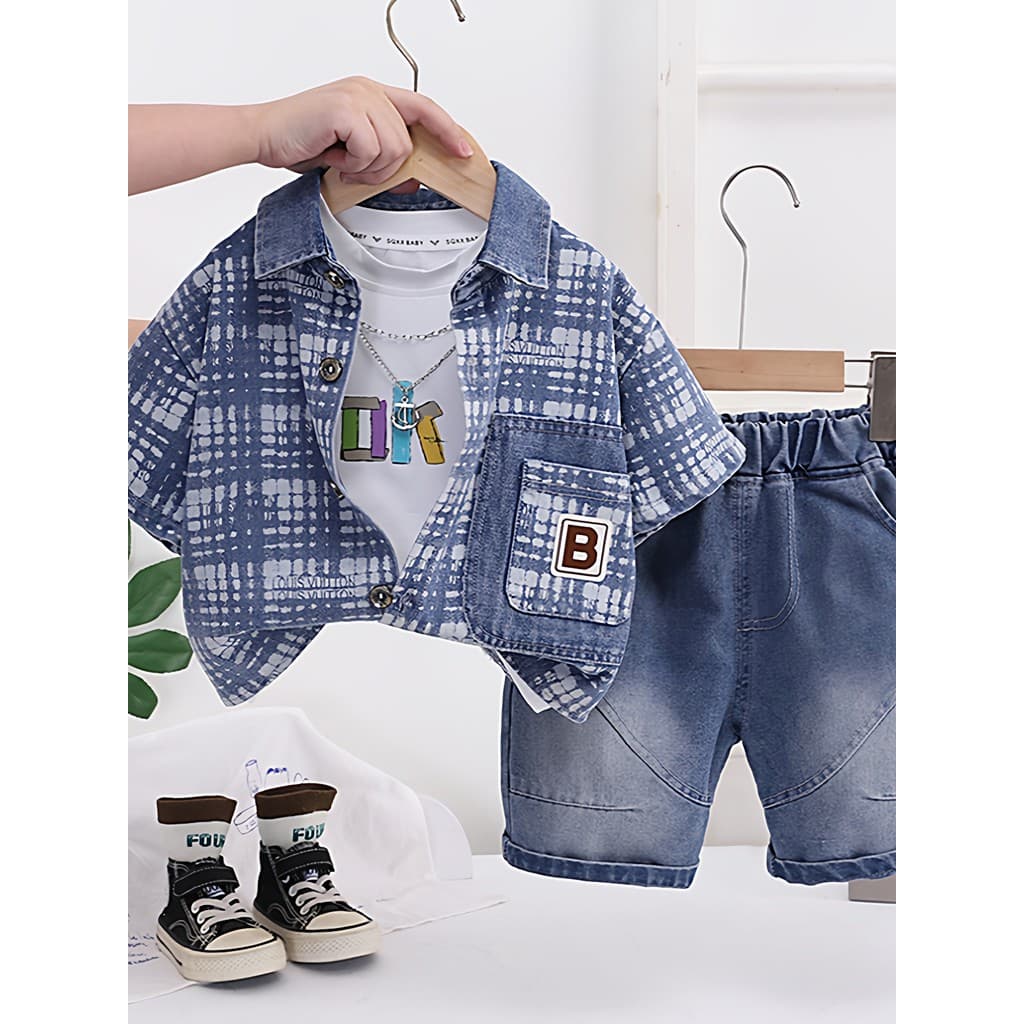 Meninos verão de manga curta Denim terno moda rua Wear bebê verão terno de três peças roupas infantis do bebê roupas cas