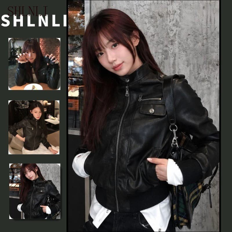 Diariamente Feminino Primavera Outono Curto Motociclista Jaqueta Gola Completa Zip Bolsos Decorativos Casaco De Manga Lo