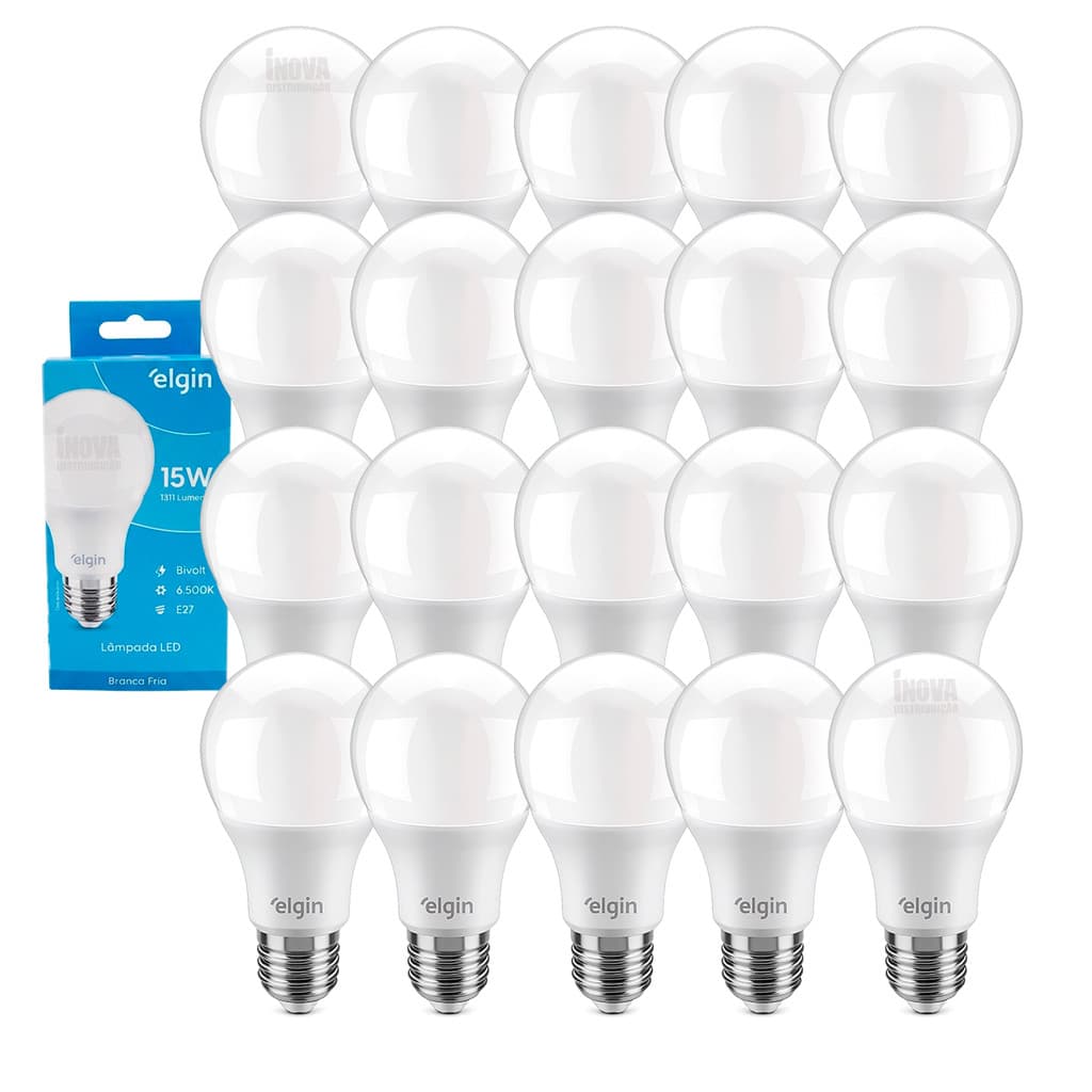 Kit 20 Lâmpadas Led Elgin Bulbo 15W Bivolt 6500K Branco Frio Alta Economia