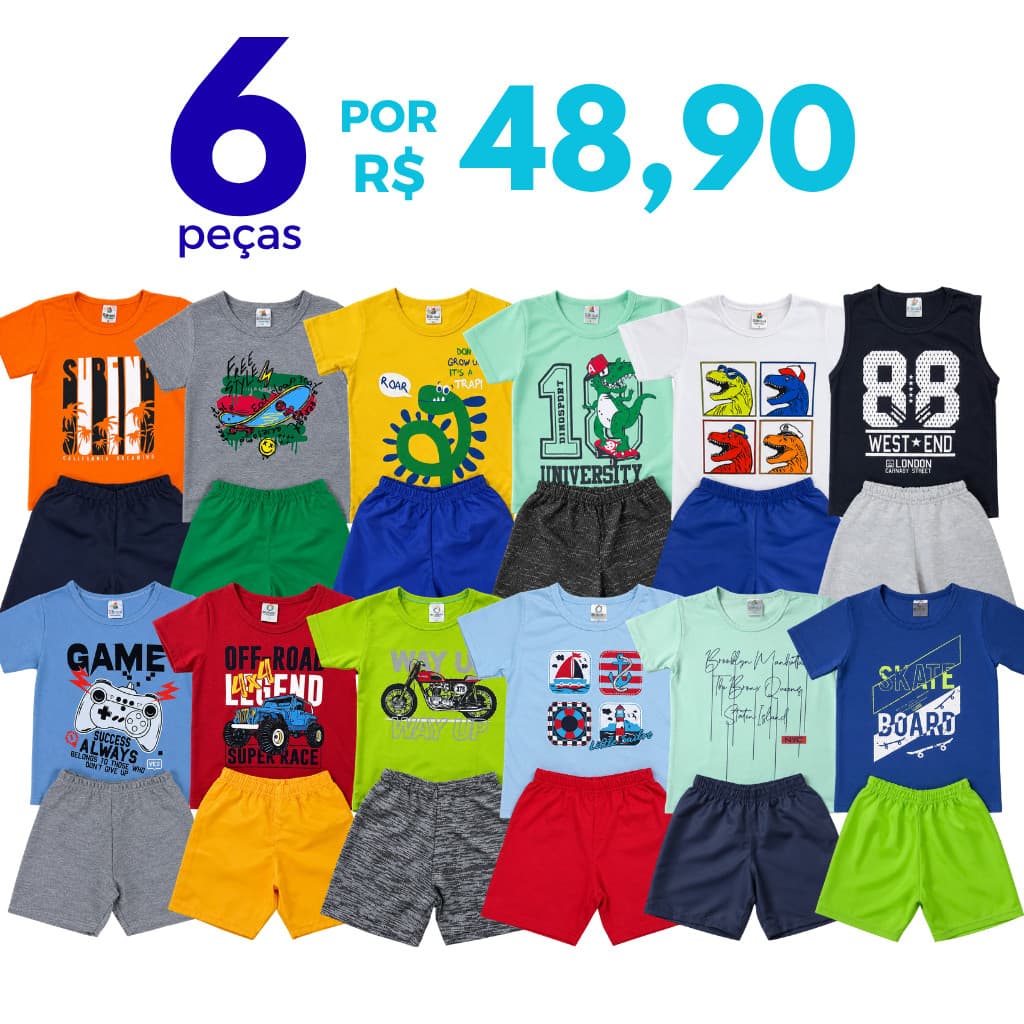 Kit 6 ou 4 peças Conjunto Verão Roupa Menino Infantil 3 Camiseta e 3 Shorts/Bermudas Sortidos