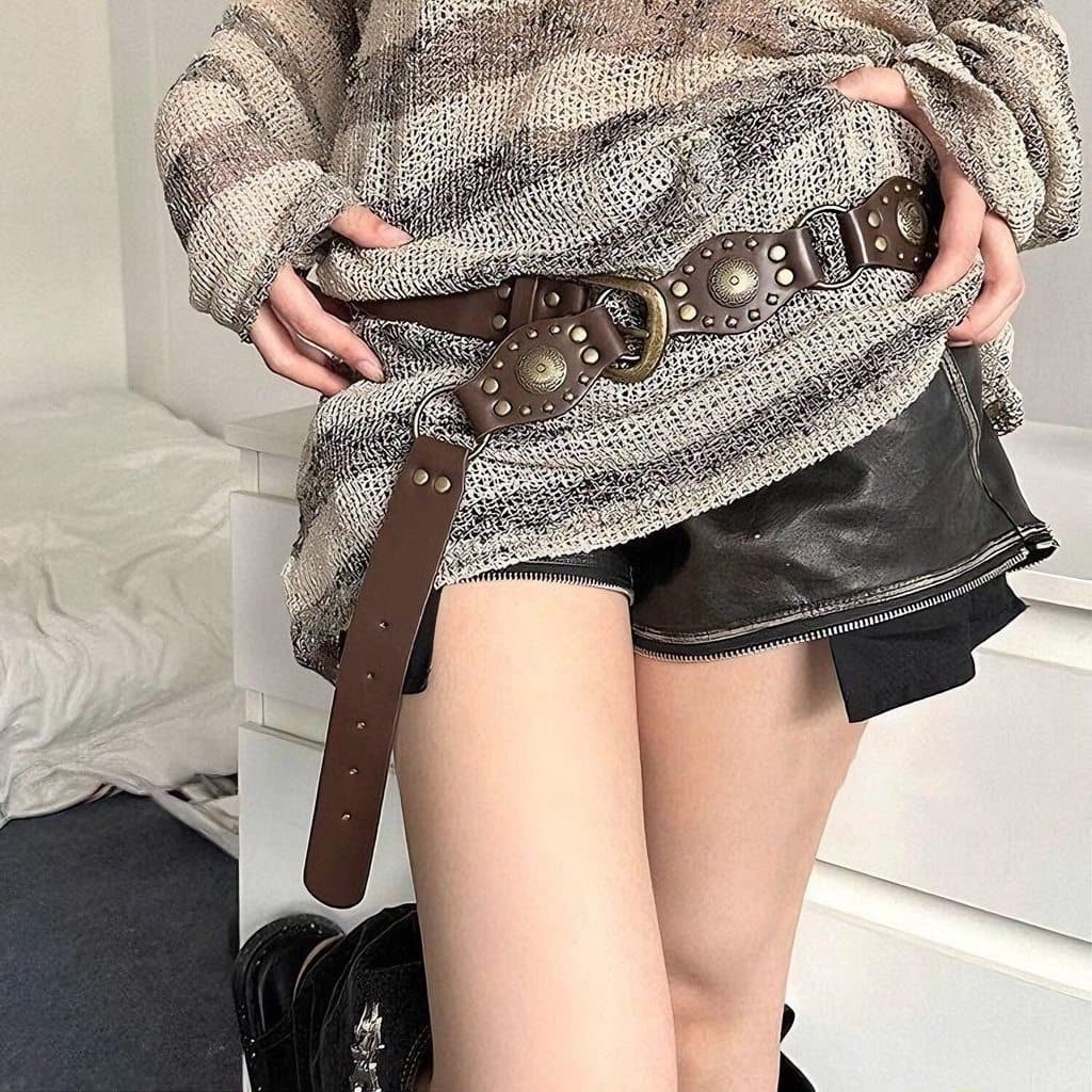cinto feminino cinto feminino largo Retro cinto costura marrom Jeans rebite cinto quente menina estilo americano oco ins