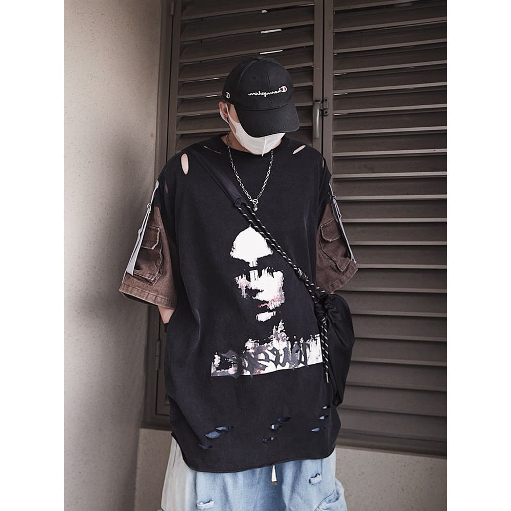 UUCSCC Hip-Hop Street Wear vintage em torno do pescoço angustiado manga de cinco pontos High Street Retro Denim Rasgado