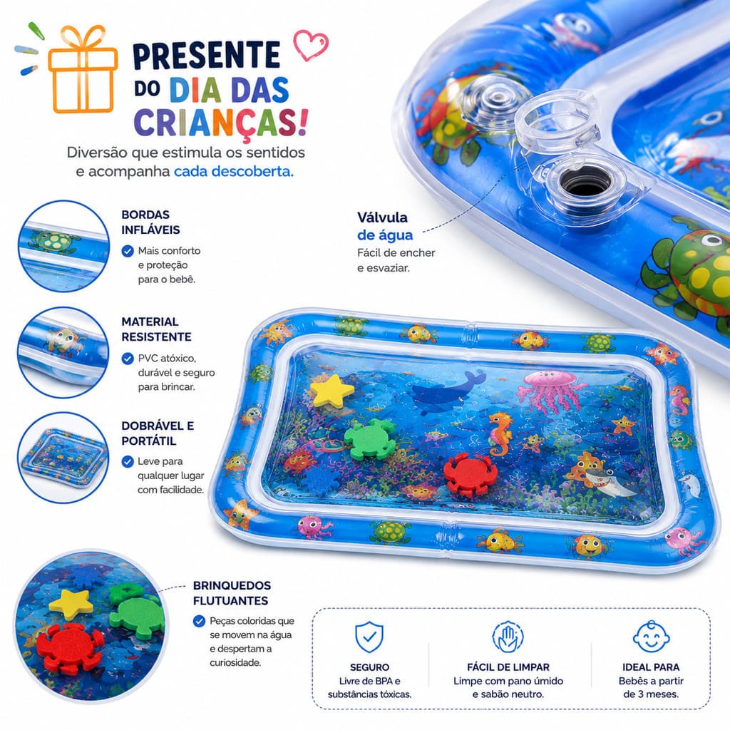 Tapete Infantil de Água Inflável para Bebê 69 x 51 x 8 cm