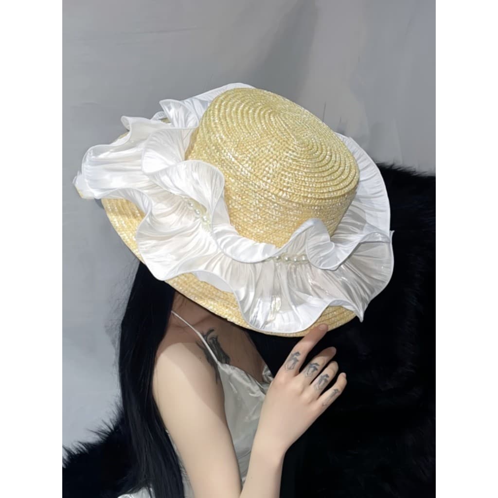 Nicho Original água branca luminosa folha de lótus renda plana topo trigo palha chapéu feminino verão beira-mar férias g