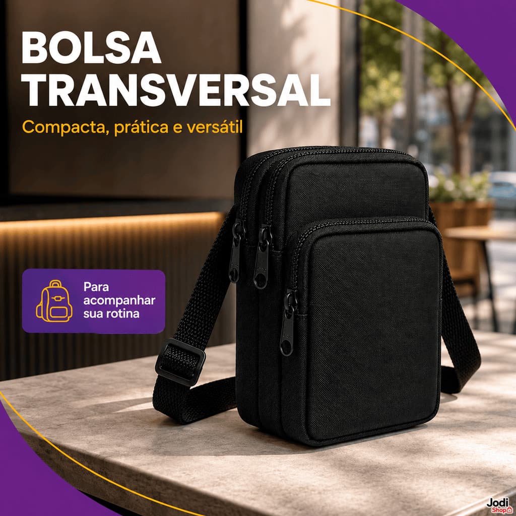 Bolsa Transversal Tiracolo Compacta com Alça Ajustável e Compartimentos com Zíper Preta