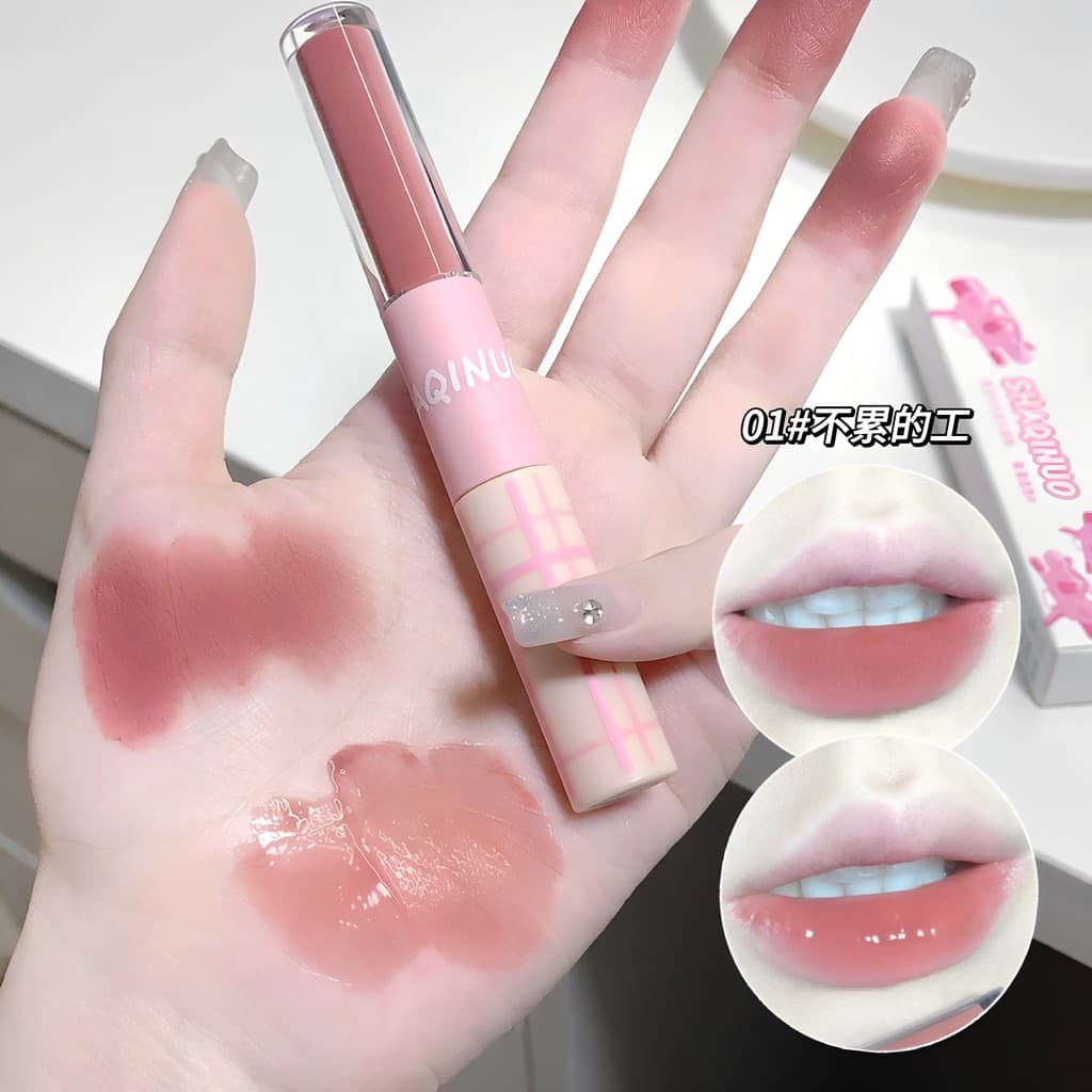 Brilho labial de duas cabeças, brilho labial espelhado, brilho labial fosco, veludo, um fosco, um espelho, brilho labial