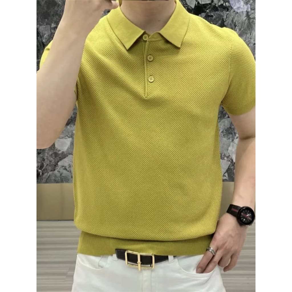 Verão novo estilo de negócios de manga curta camisa POLO de malha masculina simples lapela moda All-Match padrão de abac
