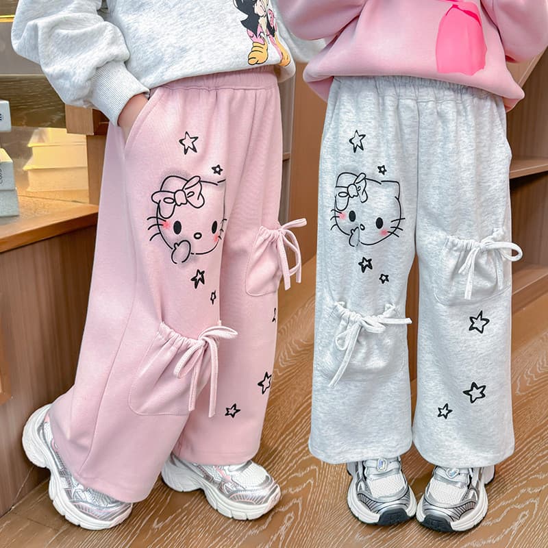 Outono novo estilo 2026 outono estilo meninas estilo ocidental bolso com cordão bonito gato impressão calças casuais WJG