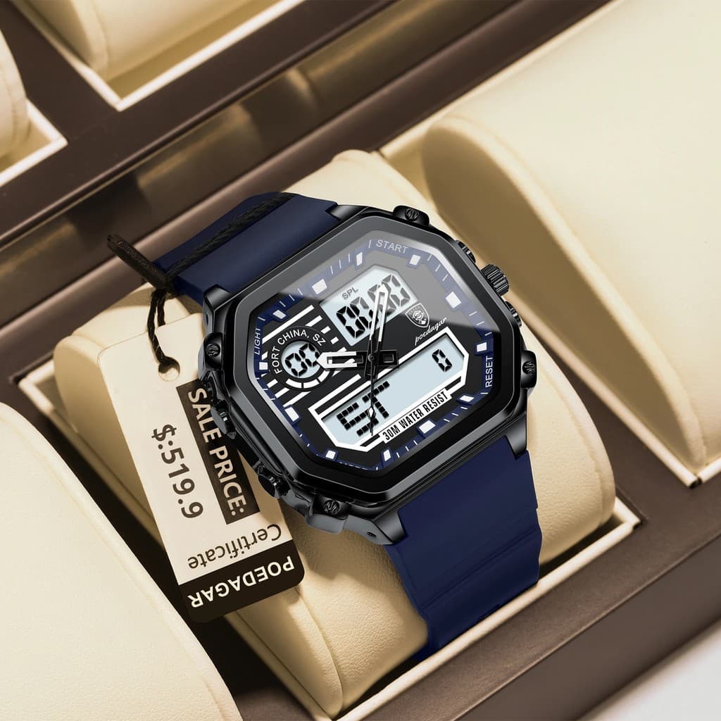 POEDAGAR Moda Esporte Masculino Relógio Dual Display Digital De Pulso De Quartzo À Prova D'água Com Pulseira De Silicone