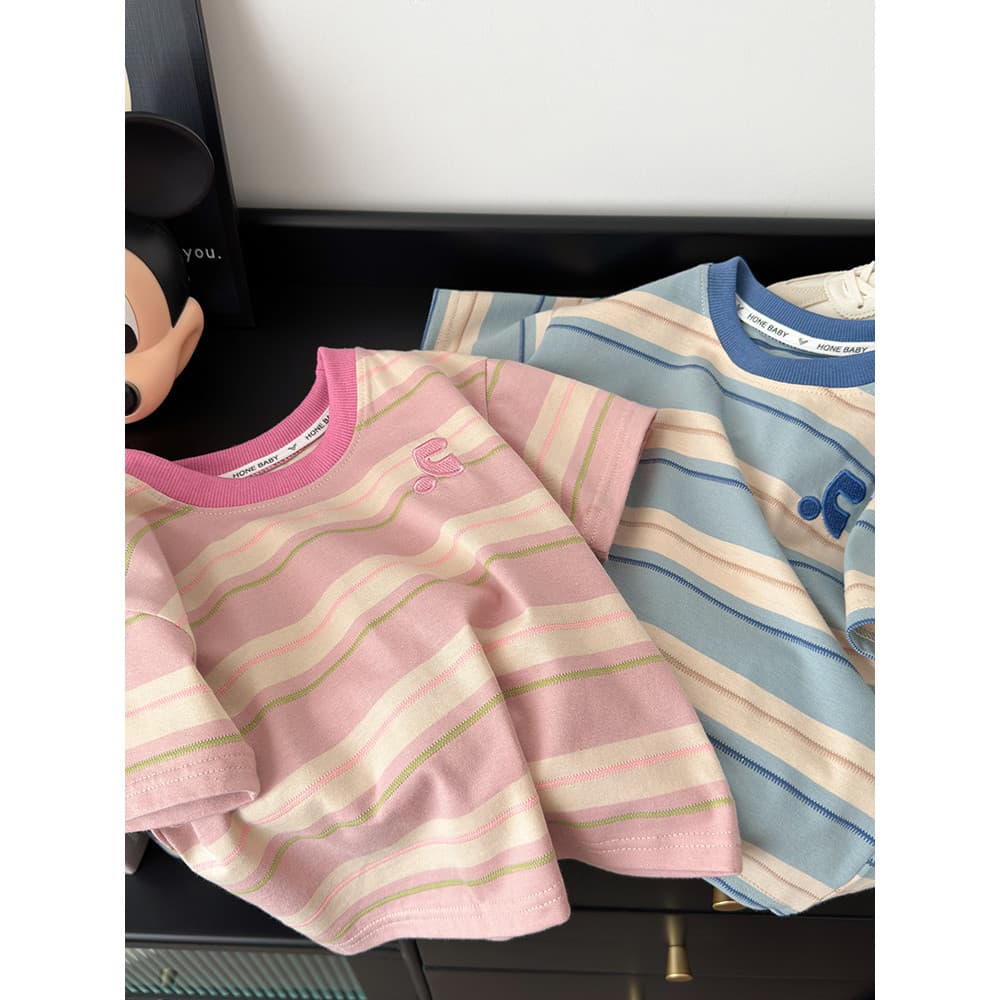 2026 novo estilo meninos meninas listrado manga curta verão crianças solto em torno do pescoço camiseta respirável tudo-