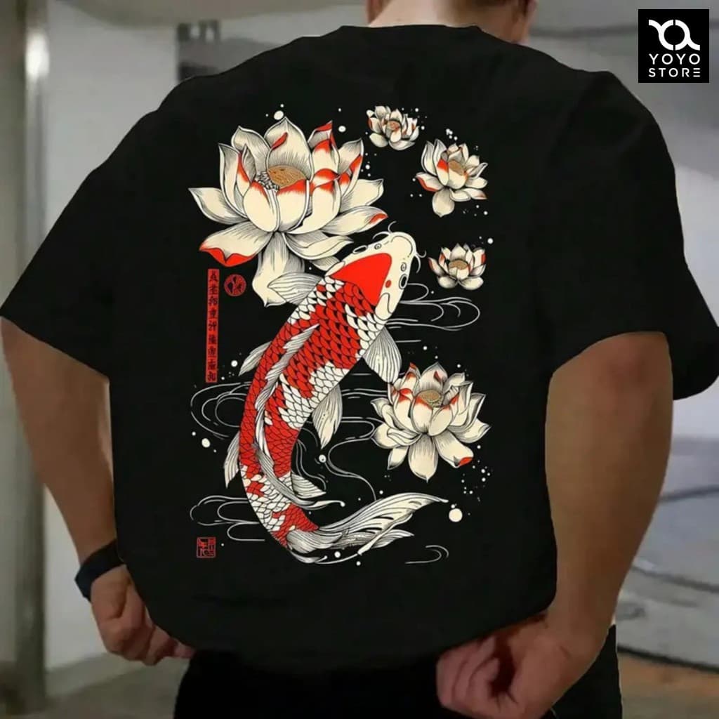 Camisa 100% Algodão Masculina Estampada Frente/Costas Desenho Peixe Flores Camiseta Streetwear Básica Minimalista