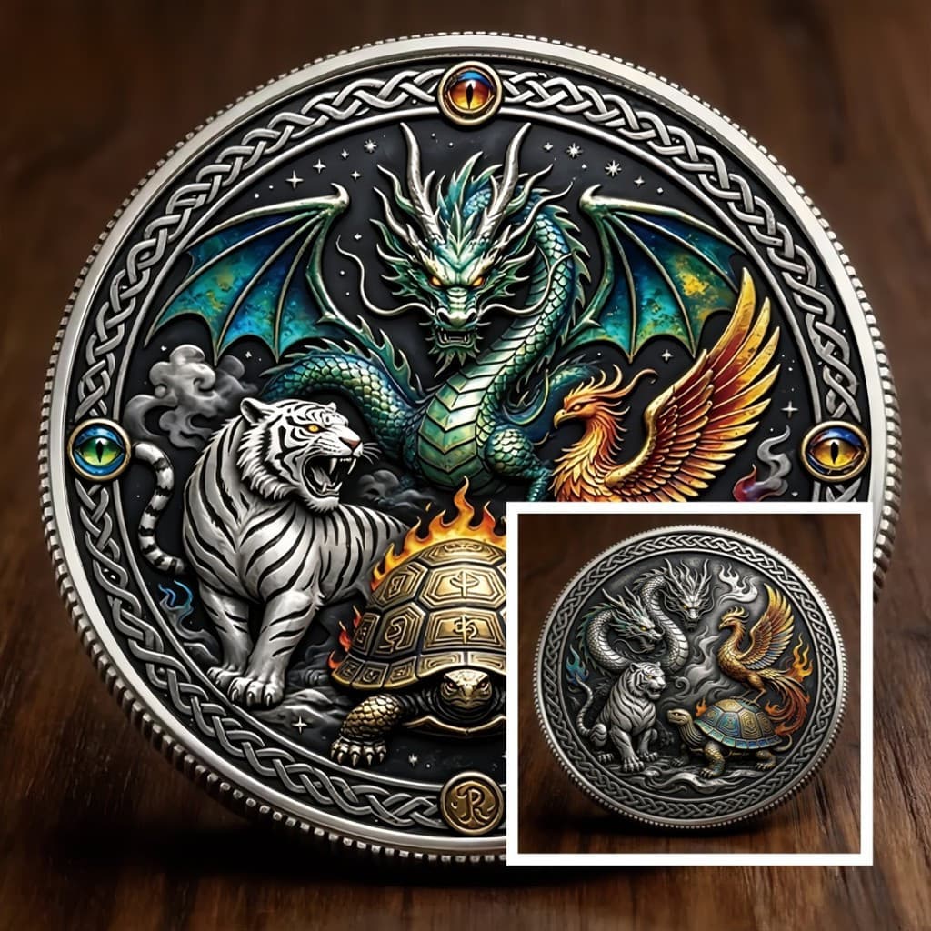 Moedas comemorativas de edição limitada com as quatro feras míticas de jogos e animes - colecionáveis JOLH.   MJ6T
