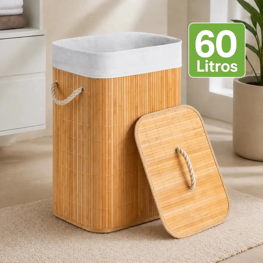 Cesto de Roupa Suja de Bambu 60 Litros Dobrável com Tampa e Forro para Lavanderia