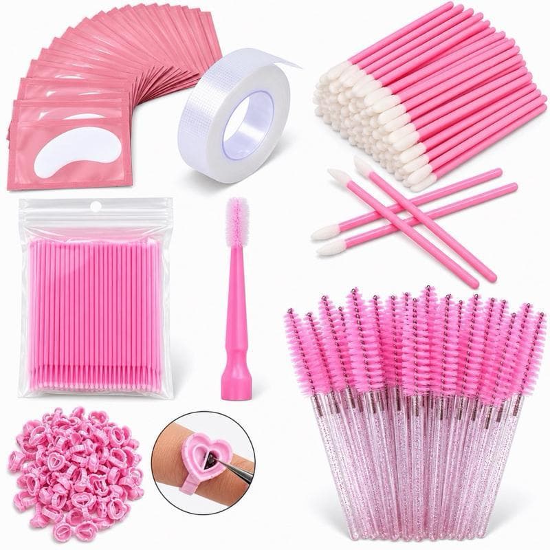 Kit Completo para Extensão de Cílios com Microbrushes Anéis Patches Escovinhas Aplicadores e Estojo Transparente