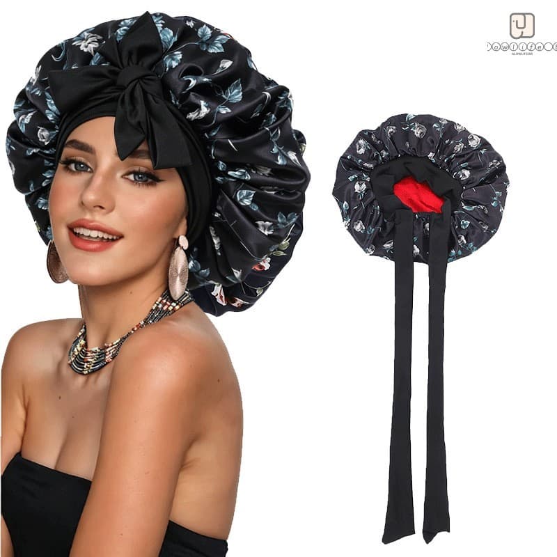 Touca De Dormir De Cetim De Camada Dupla Estampada Com Fita-Cabelo Elástica De Aba Larga Para Banho