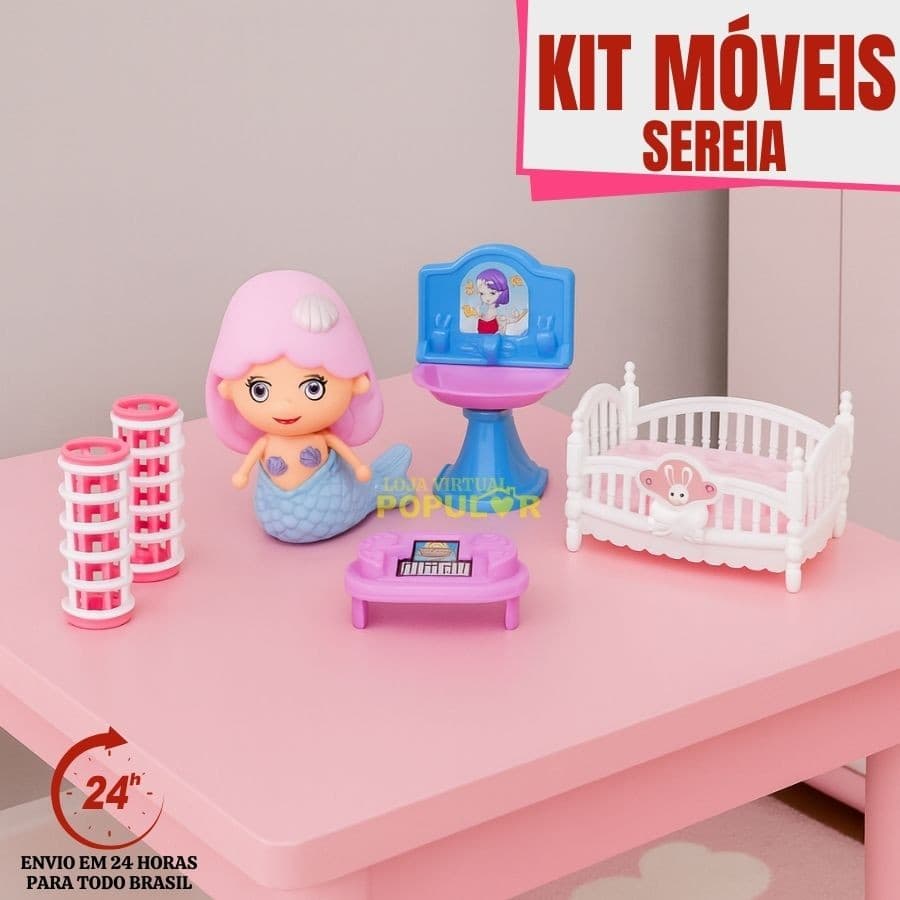 Brinquedo Sereia Princesa + Acessórios Kit Móveis Sereia 7 Peças