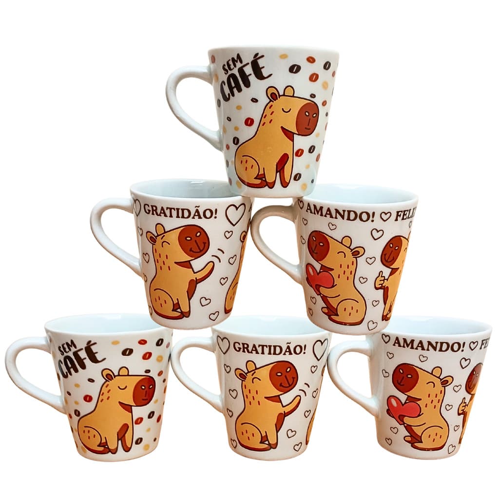 Kit Jogo 6 Canecas 120ml Capivara - Porcelana