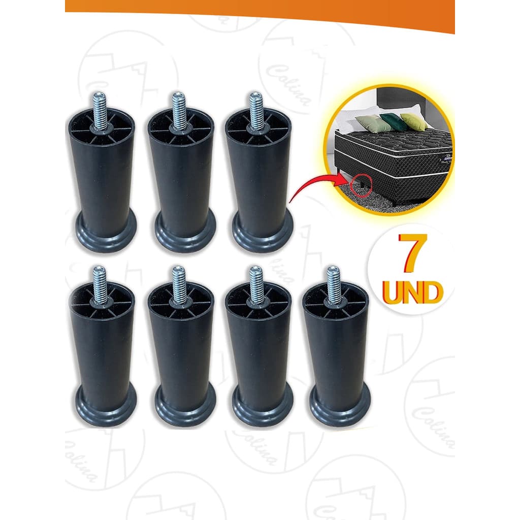 Kit 7x Pés de Cama Box 12cm Cabeceira Pezinho Plástico PU Com Parafuso Resistente