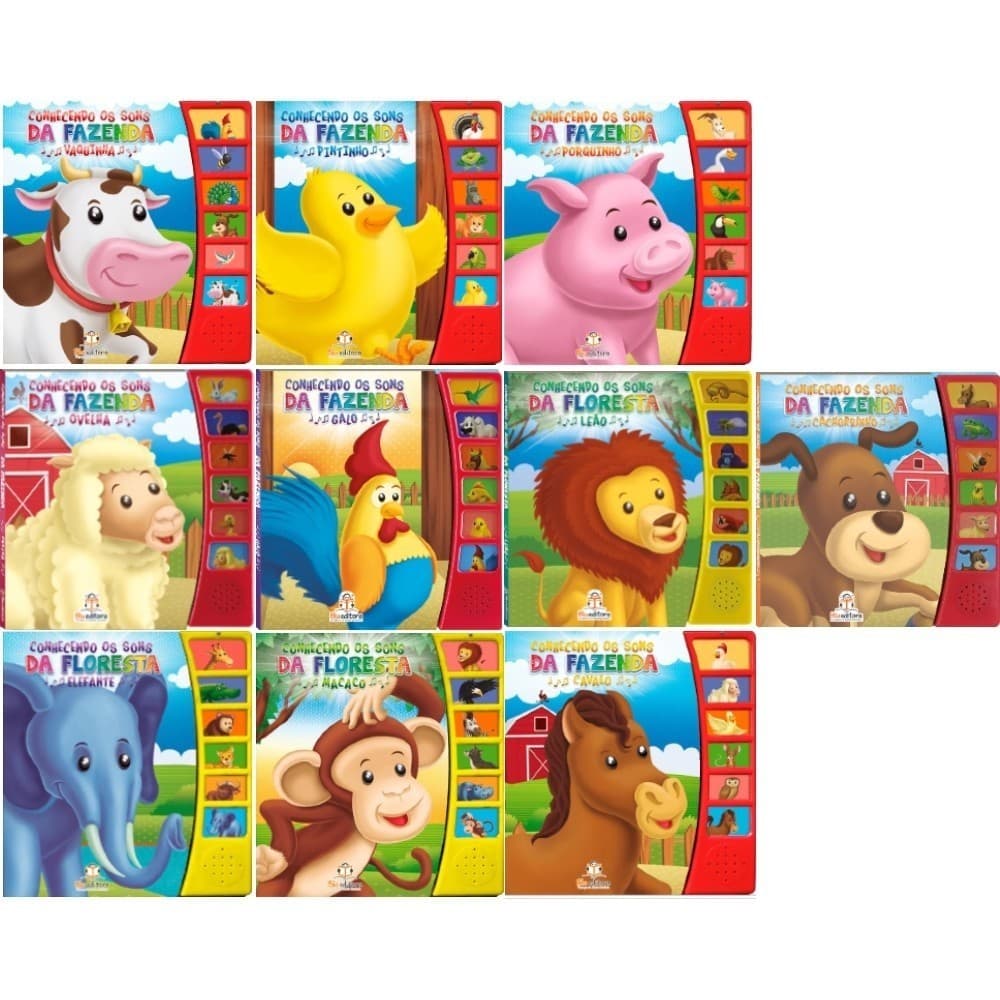 Livros Sonoros - Conhecendo Os Sons Dos Animais Infantil Com Som Da Fazenda/Floresta Pilhas botão inclusas
