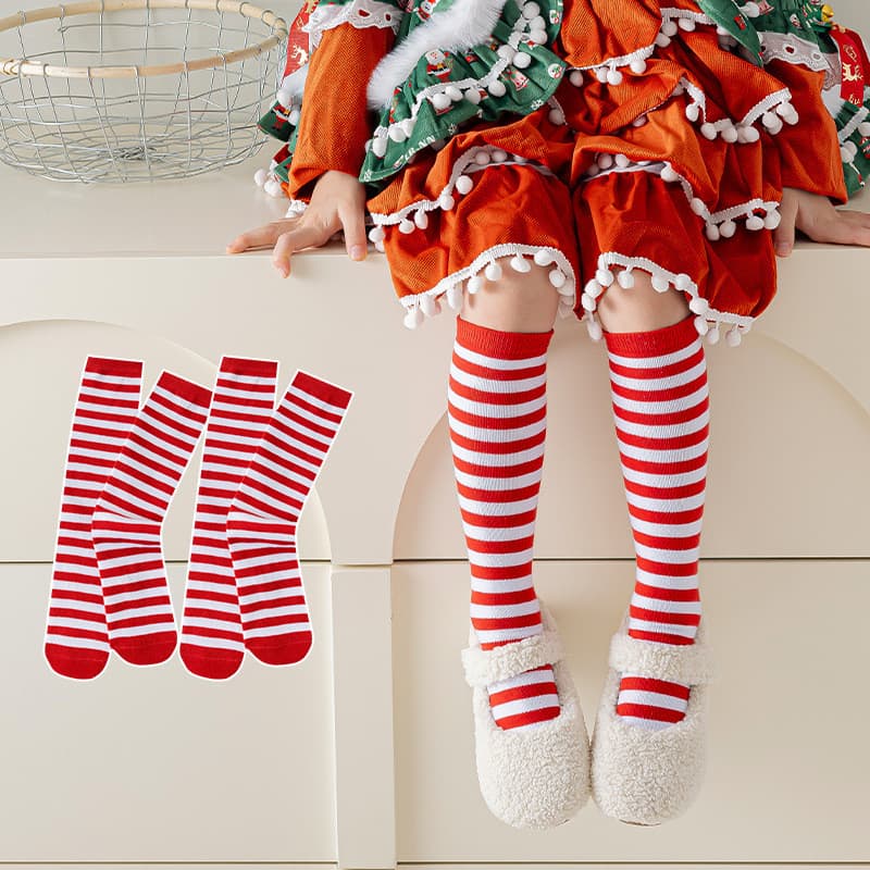 Crianças 2025 outono novo estilo vermelho listrado sobre o joelho meias meninas roupas