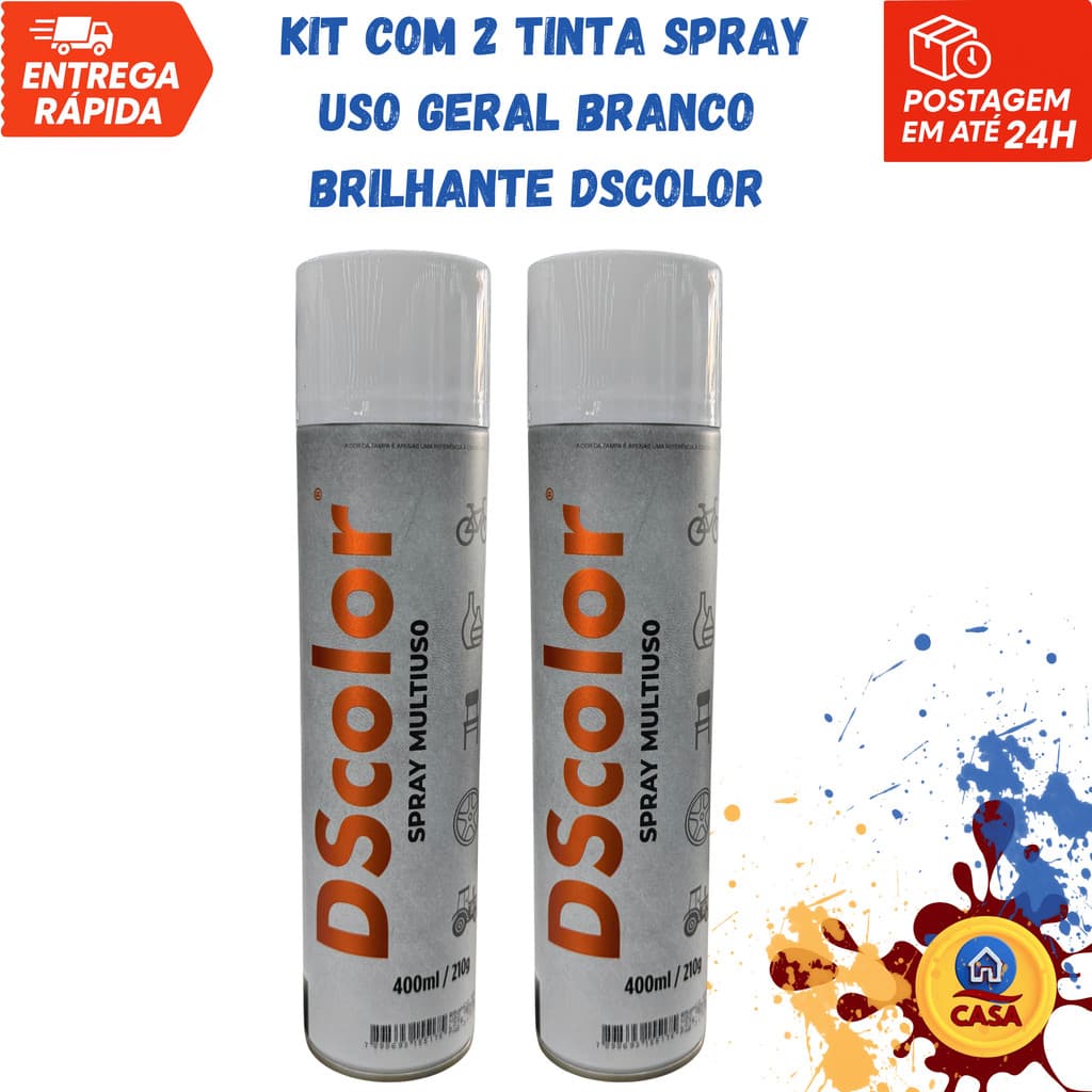 Tinta Spray Uso Geral Branco Brilhante DSColor - Kit com 2 unidades