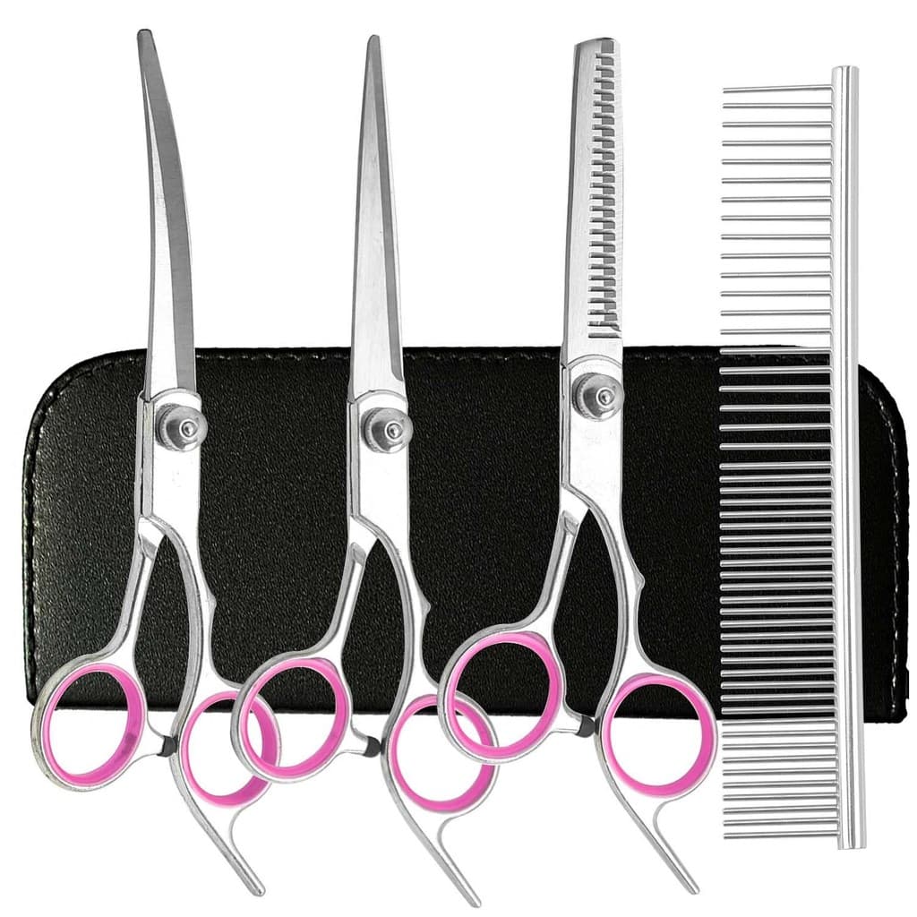 Kit Profissional de Tesouras 5 em 1 | Tesoura Reta Curva Desbaste + Navalha + Estojo PU
