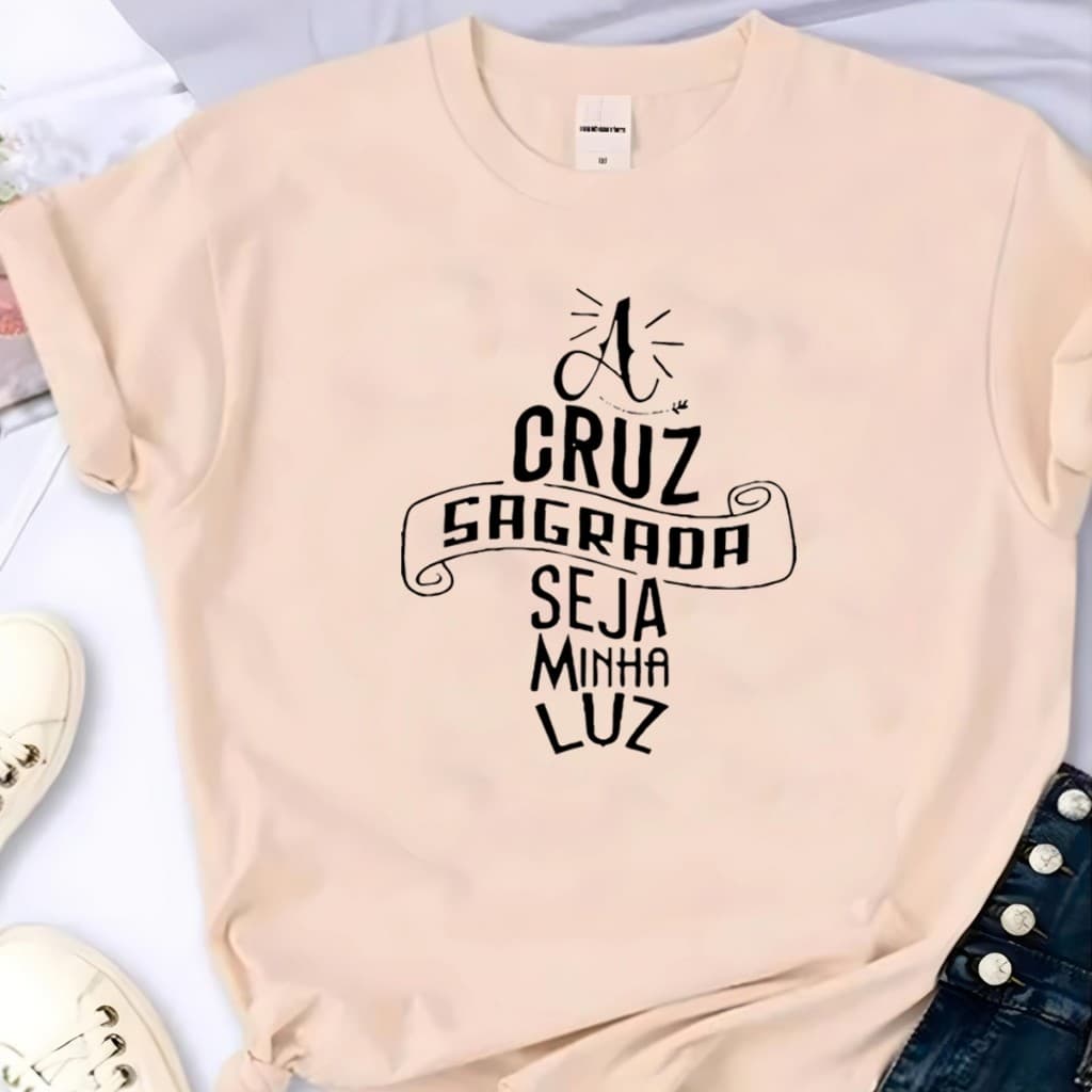 Blusa T-shirt A Cruz Sagrada Seja Minha Luz Linda Camiseta Feminina Camisa
