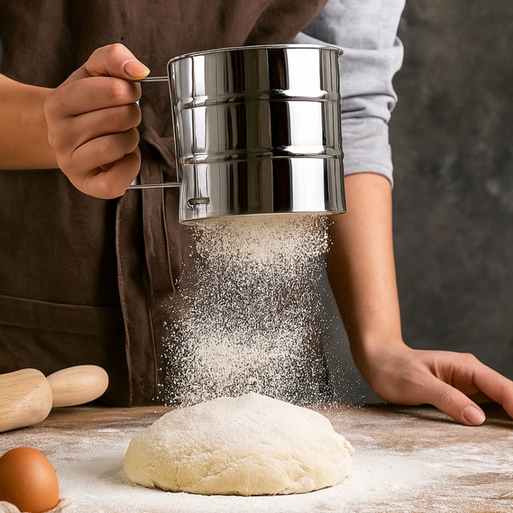 Caneca Peneira Polvilhadora de Farinha Açucar Pão Massas Tapioqueira Gatilho Manual Inox 250g