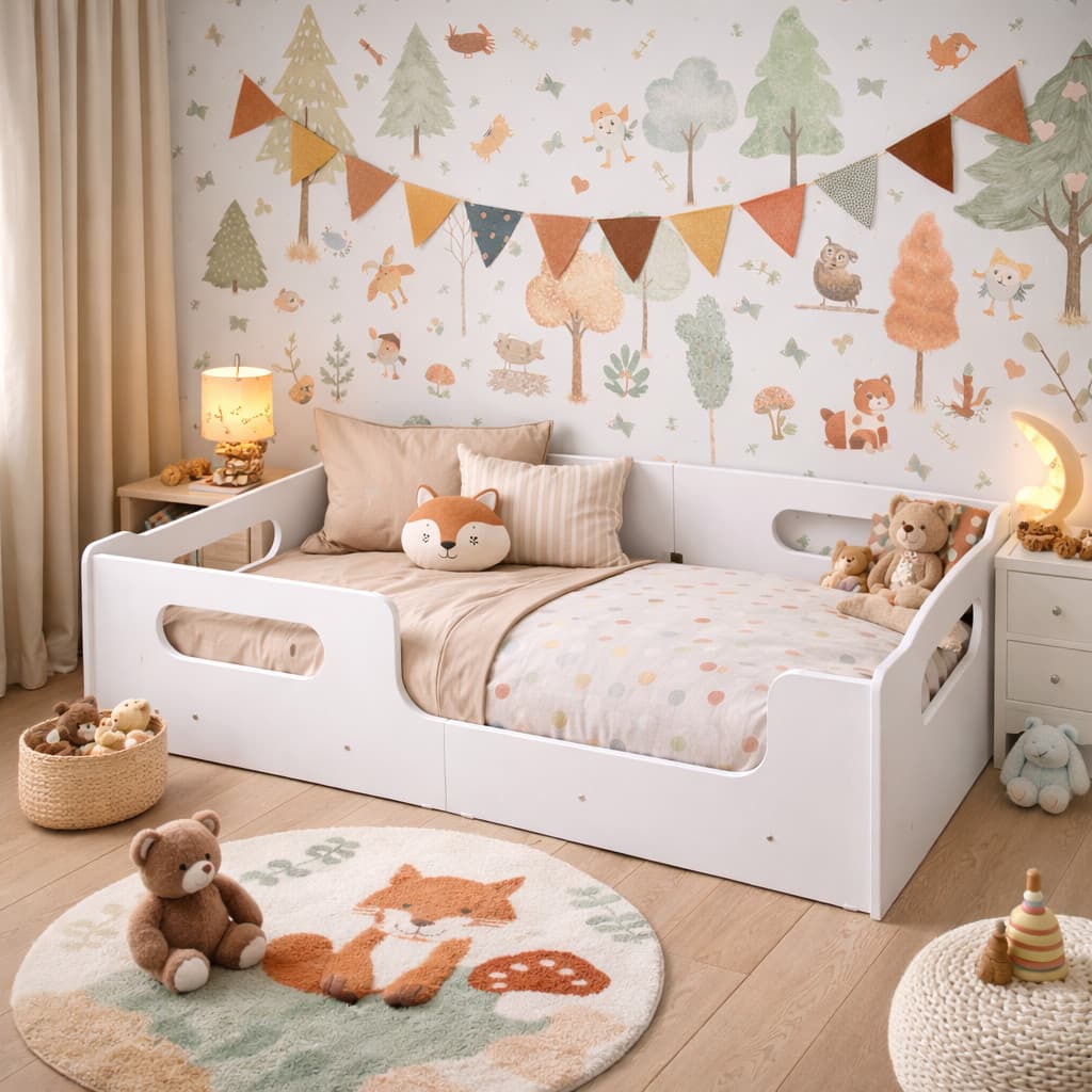 Cama Encanto Branca Infantil Sem Colchão Montessoriana Menino e Menina Quarto Da Criança Grade Proteção Segura Em MDF