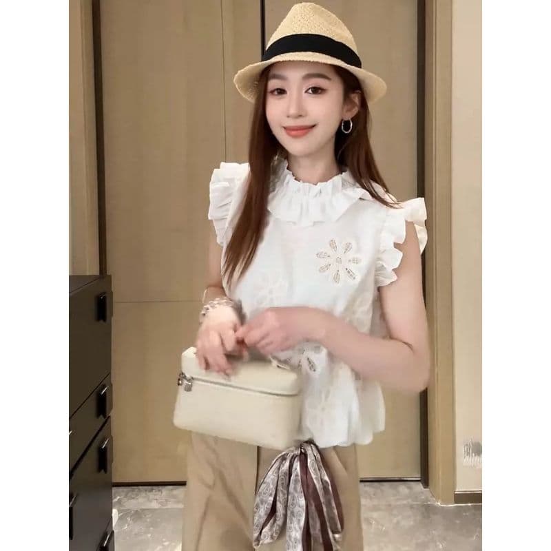 [Novidades] Estilo coreano estilo suave gola de folha de lótus bordada pequena camisa de manga voadora feminina temperam