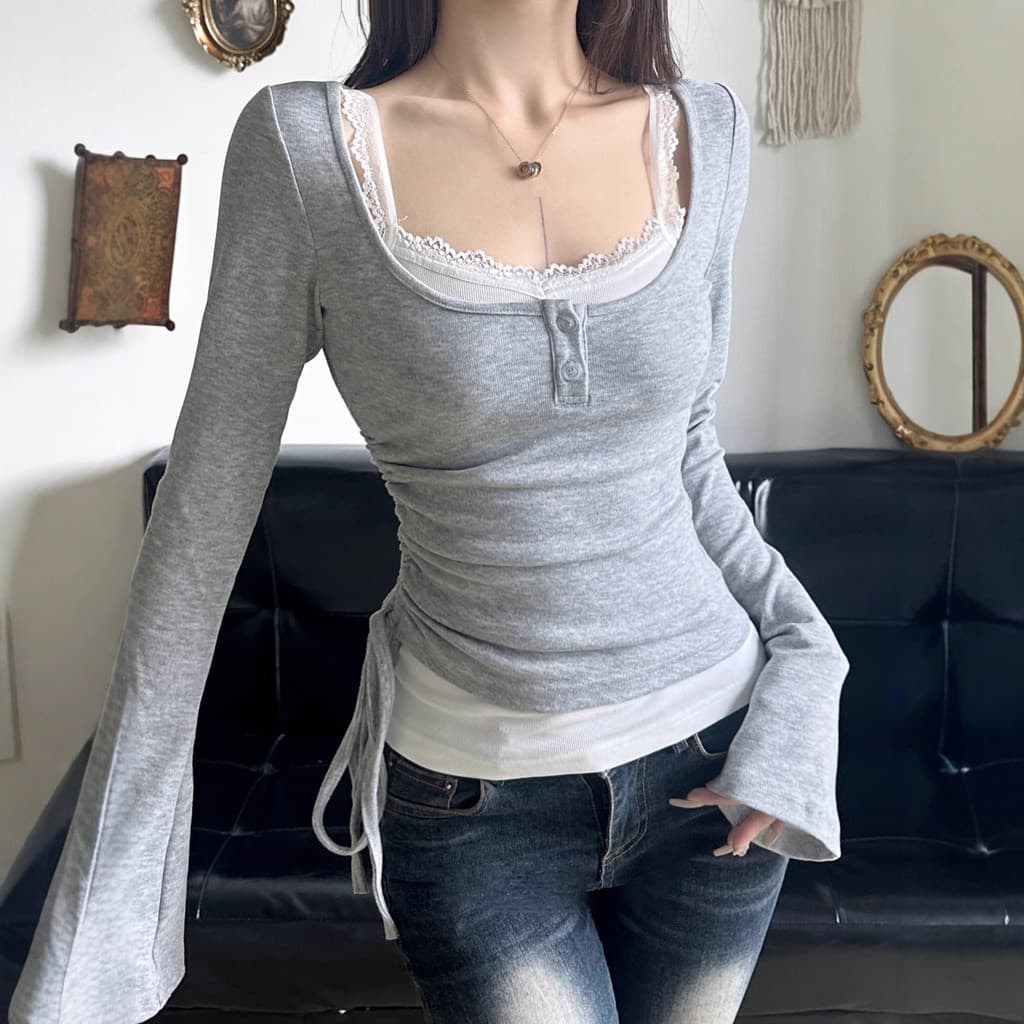 Doce estilo meio aberto botão u-pescoço cordão cintura estreita mais magro olhar manga larga blusa renda costura estilin