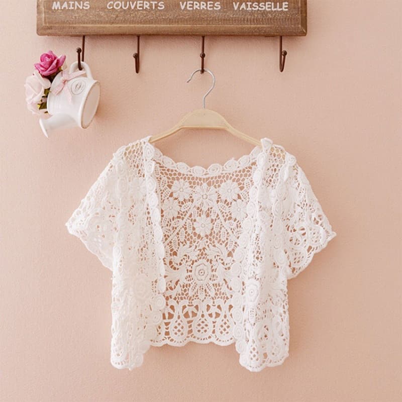 * Feminino Curta Crochê Encolhe Oco Renda Frente Aberta Recortada Cardigan Solar Bolero Recortado