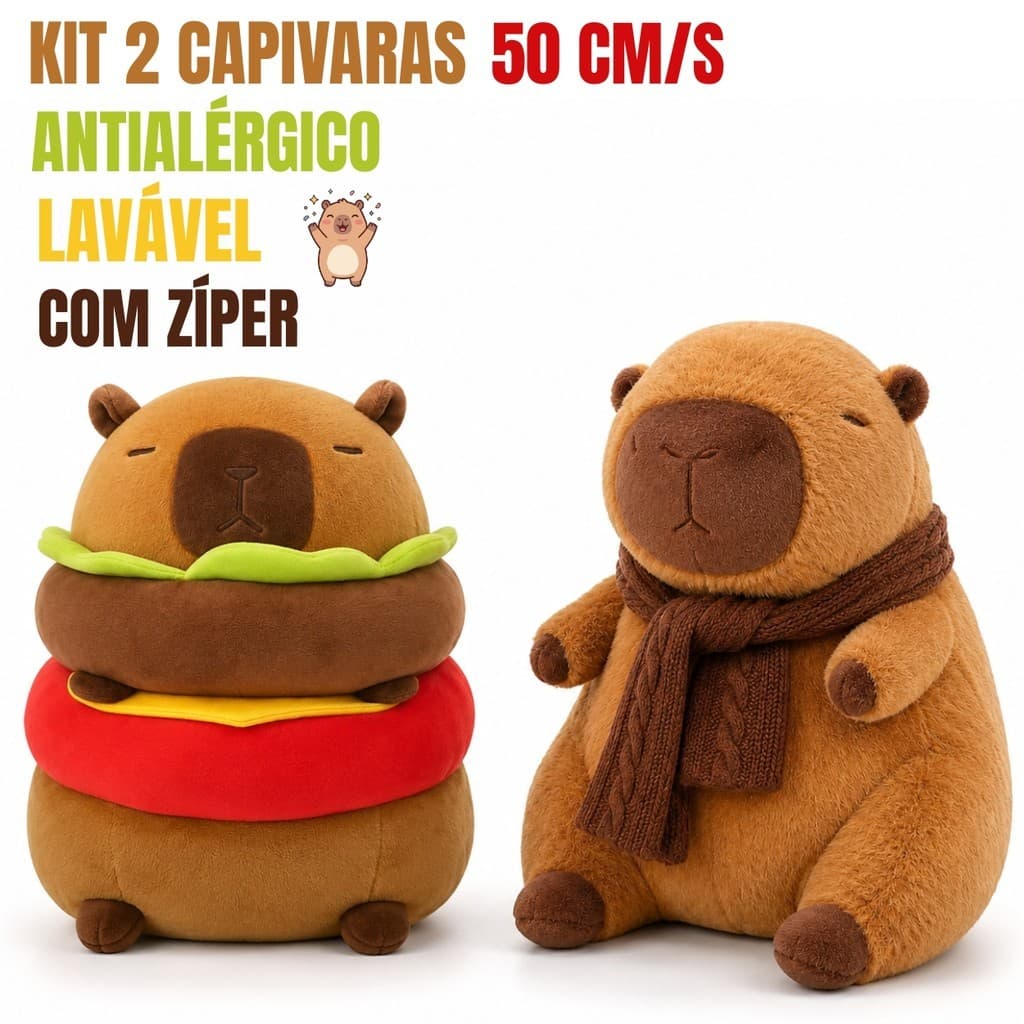 Kit 2 Capivaras de Pelúcia 50cm Gigantes – Capivara Cachecol + Capivara Hambúrguer
