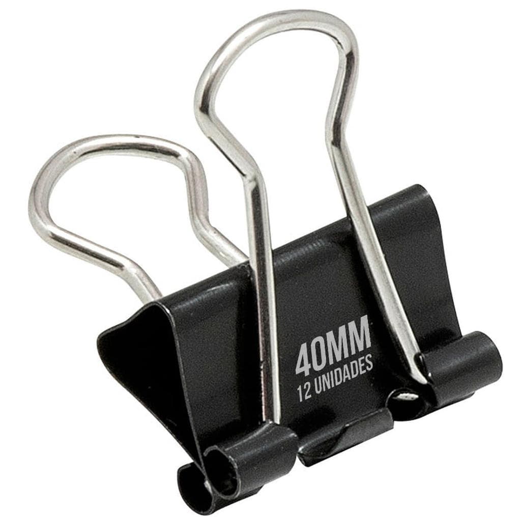 Prendedor para Papel 40mm Binder Clip Preto BRW Caixa com 12 Clipes Resistente em Aço Inoxidável