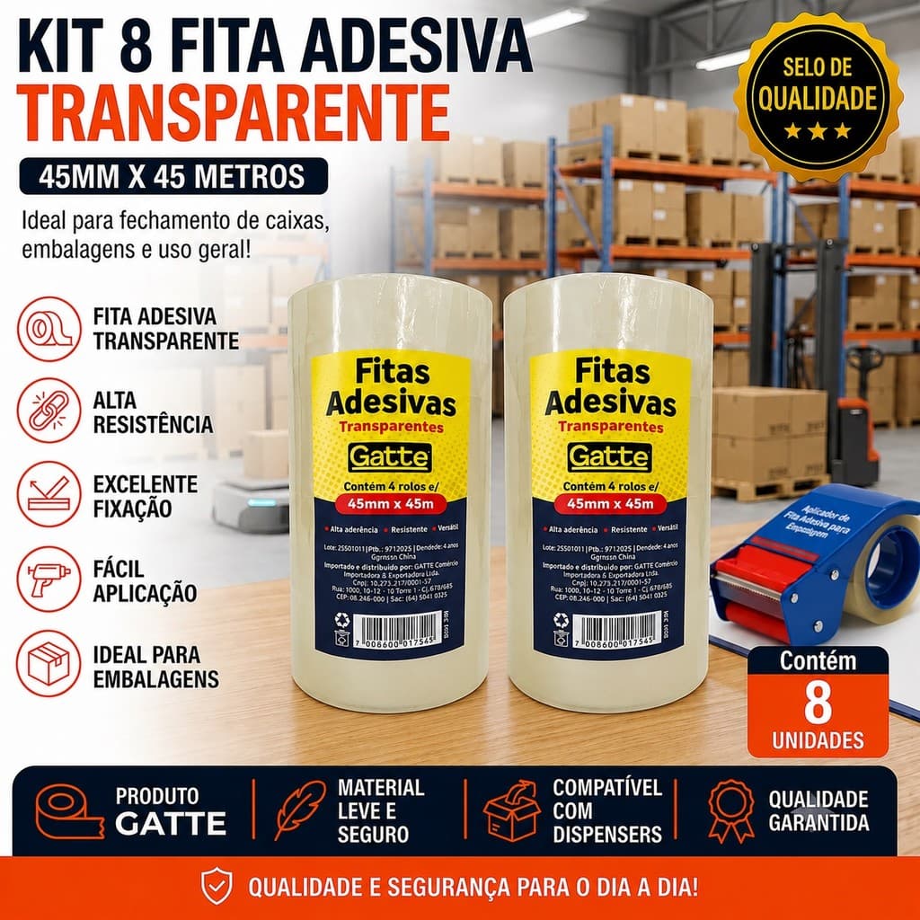 kit 8 Fita Adesiva Transparente 45mm x 45 metros Alta Resistência e Excelente Fixação Gatte