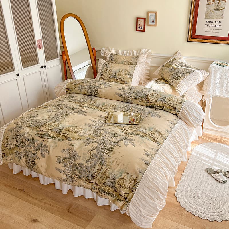 Estilo coreano High-End algodão puro algodão cama conjunto de quatro peças Pastoral estilo princesa influenciador saia d