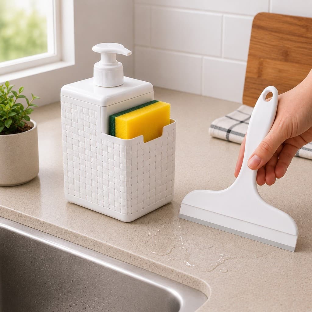Kit Branco Porta Detergente e Sabonete Líquido + Rodinho De Pia Luxo Cozinha Banheiro
