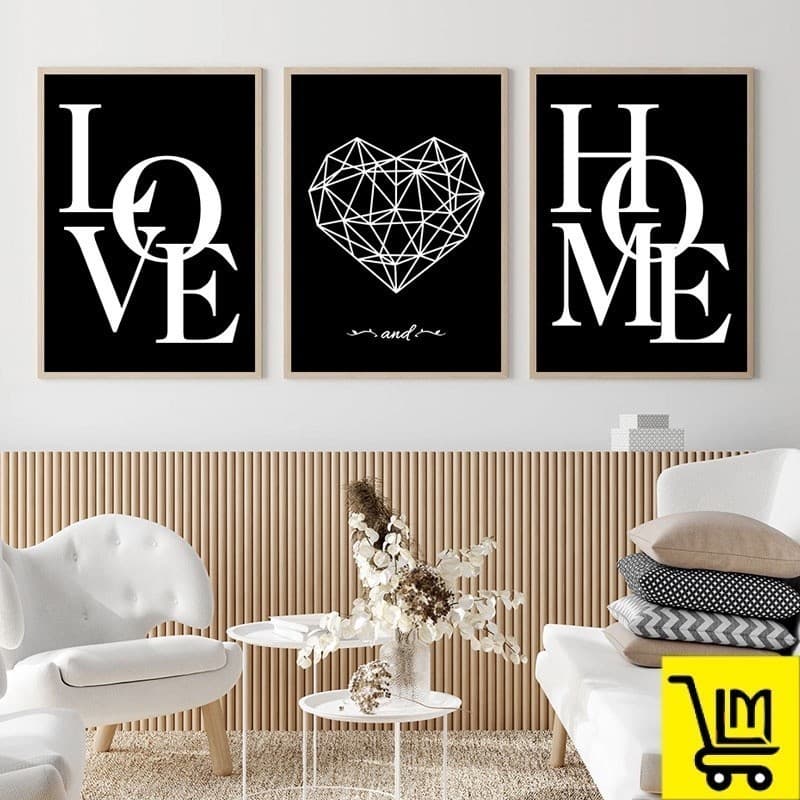 Kit3 Quadros Decorativos Preto e Branco Amor e Casa Sala de Estar Quarto Escritório Pintura Decorativa de Parede 40x60cm