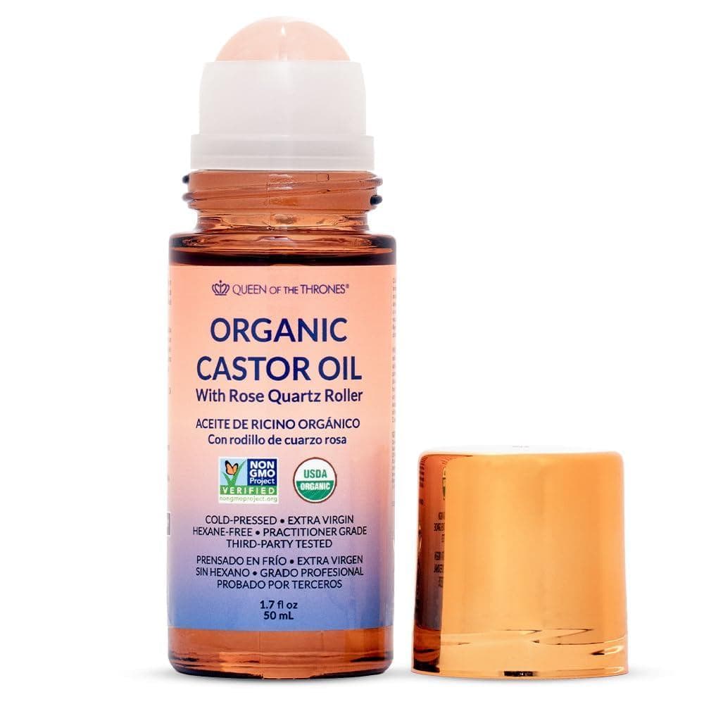 Rainha dos Tronos ®   Óleo de Rícino Dourado Orgânico em Roll-On com Quartzo Rosa |   100% Puro para Pele, Sobrancelhas