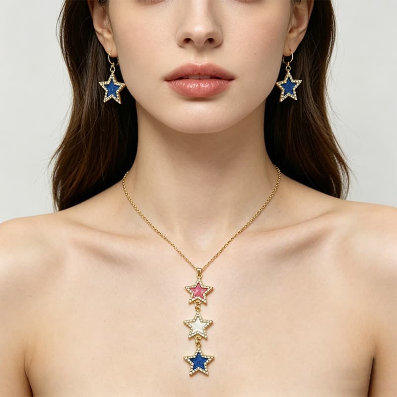 Conjunto de joias em liga metálica em formato de estrela com incrustações de diamantes coloridos e design com efeito de