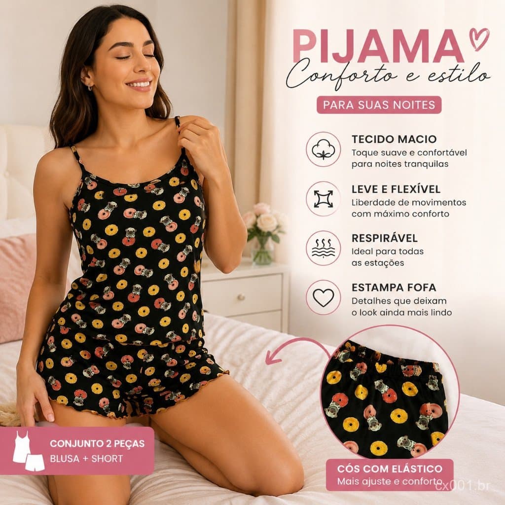 pijama feminino adulto shortdoll estampado confortavel
